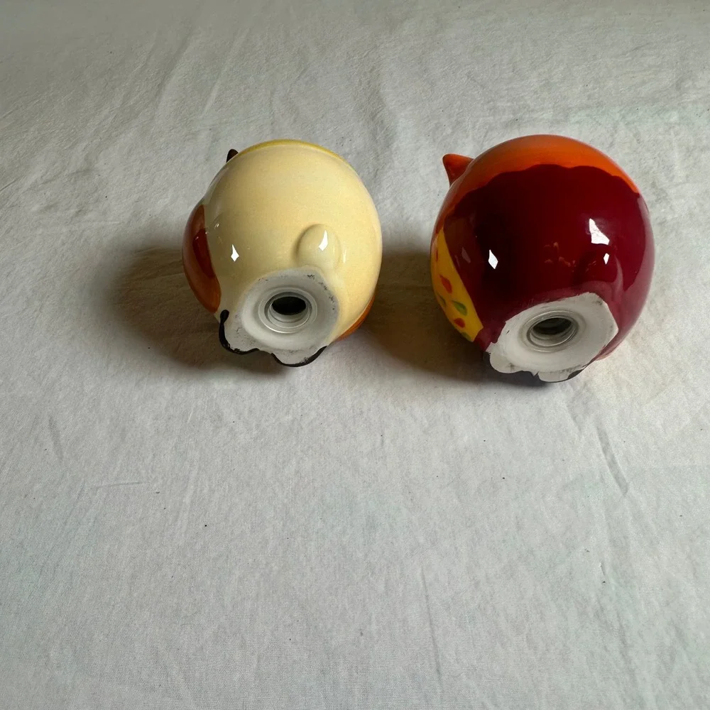 Ceramic Owl Salt and Pepper Shakers Set Orange Yellow Floral Hand Painted 3